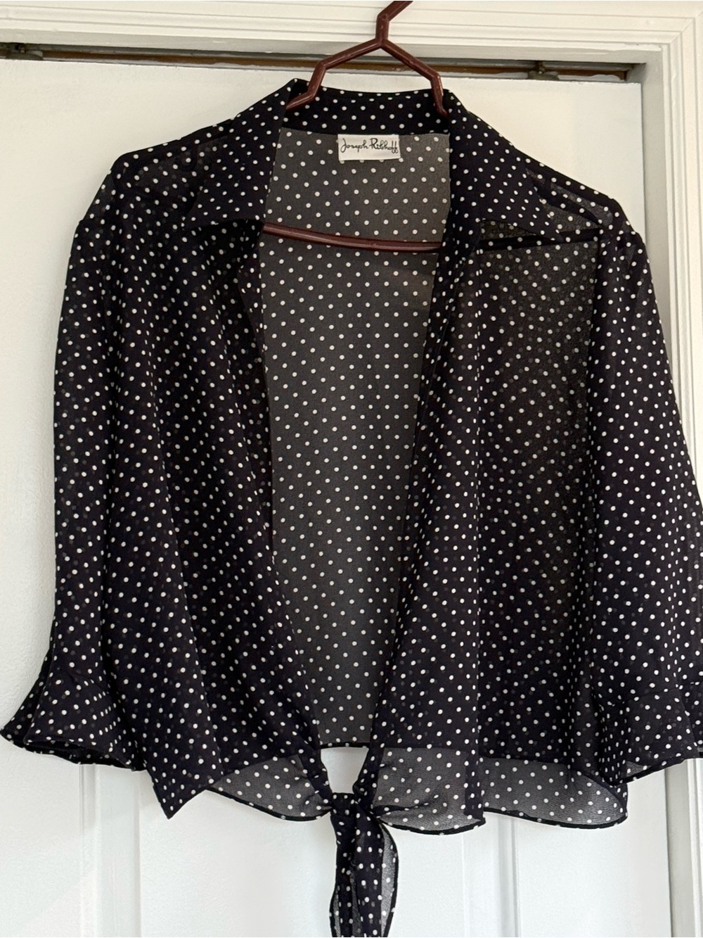 Joseph Ribkoff Black and White Polka Dot Tie-Front Blouse - Picture 2 of 7